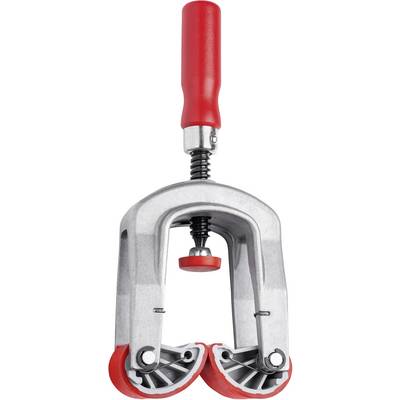 Tension clamp with a red handle and two clamping jaws. Used for securing and stabilising materials during processing.