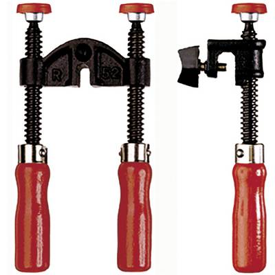 'Image shows two red, parallel-connected G-clamps with metal spindles and black handles, suitable for carpentry work.'