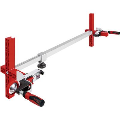 A red carpenter's clamp with metal guide and black handles, used for woodworking, is shown from the side view.