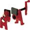 Two red pipe clamps with black handles and a flat screw mechanism. They are used for securely holding pipes during installation work.