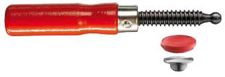 Red-handled screwdriver with a black screw at the tip and a separate red cap and metal bit below it.