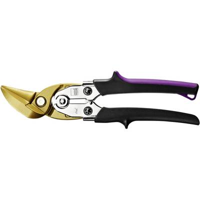 A metal shears with black and purple handles and a golden blade, suitable for cutting sheet metal and other materials.