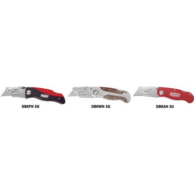 Three pocket knives in different colours (red, silver, black) with the inscription 'DESIGN' on the blade, model numbers underneath.
