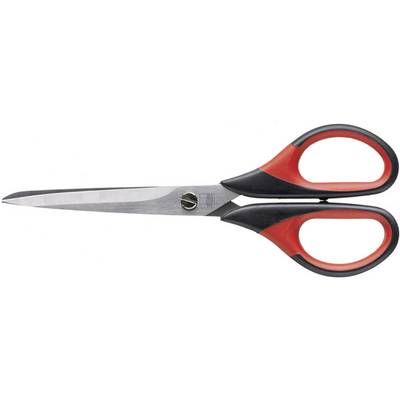 A pair of scissors with a red and black handle, lying horizontally. They have long, pointed blades and are frequently used for cutting.