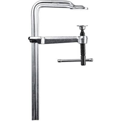 A silver metal G-clamp shown from the side, with a fixing screw for securing workpieces.