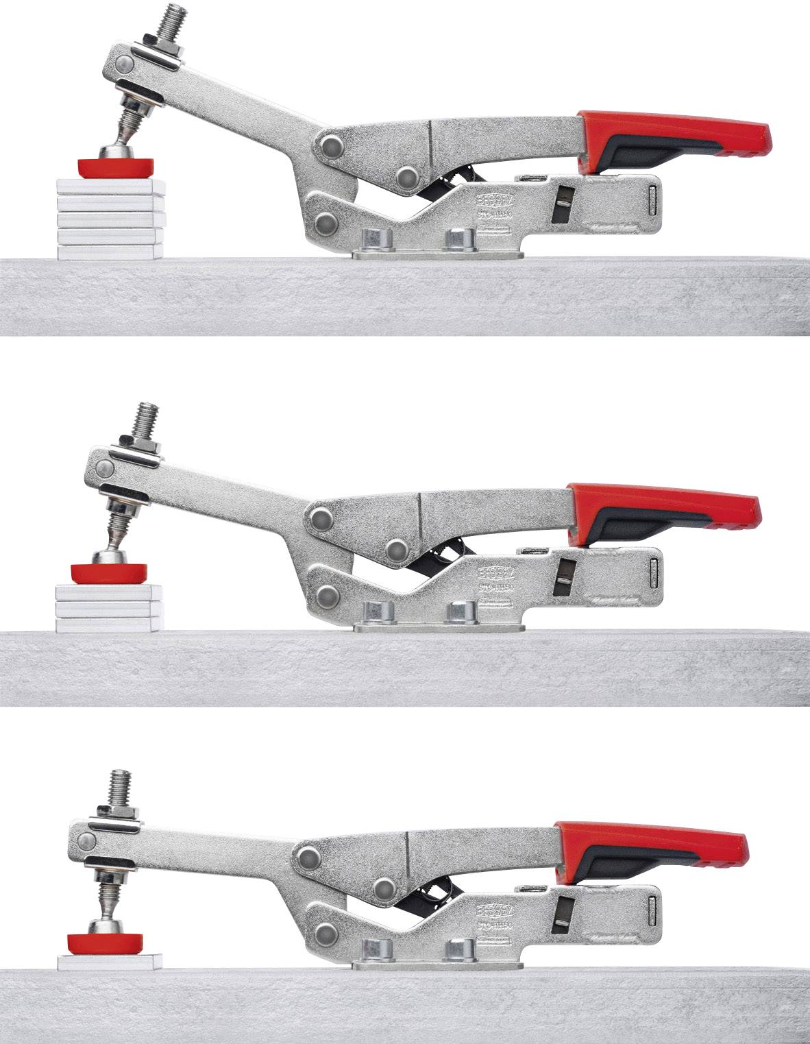 Three-stage representation of a clamping device with a red handle in different positions: open, half-closed, and fully closed.
