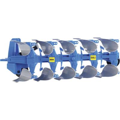 A blue plough with multiple silver shovels and details. Two yellow signs with the inscriptions 'VARIO' and 'V50 C'.