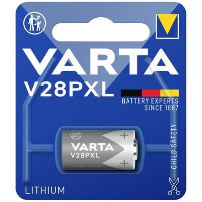 Battery pack by Varta, model V28PXL, Lithium, emphasising child safety. Reverse side contains note: 'Battery Experts Since 1887'.