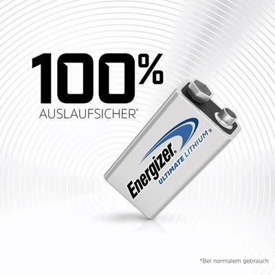 '100% leak-proof' is written above an Energizer Ultimate Lithium 9V battery. Beneath the image: '*Under normal usage conditions'. Background with circular pattern.