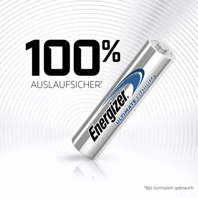 A silver battery stands in front of a background with concentric circles. Text: '100% leak-proof', 'Under normal use' bottom right.