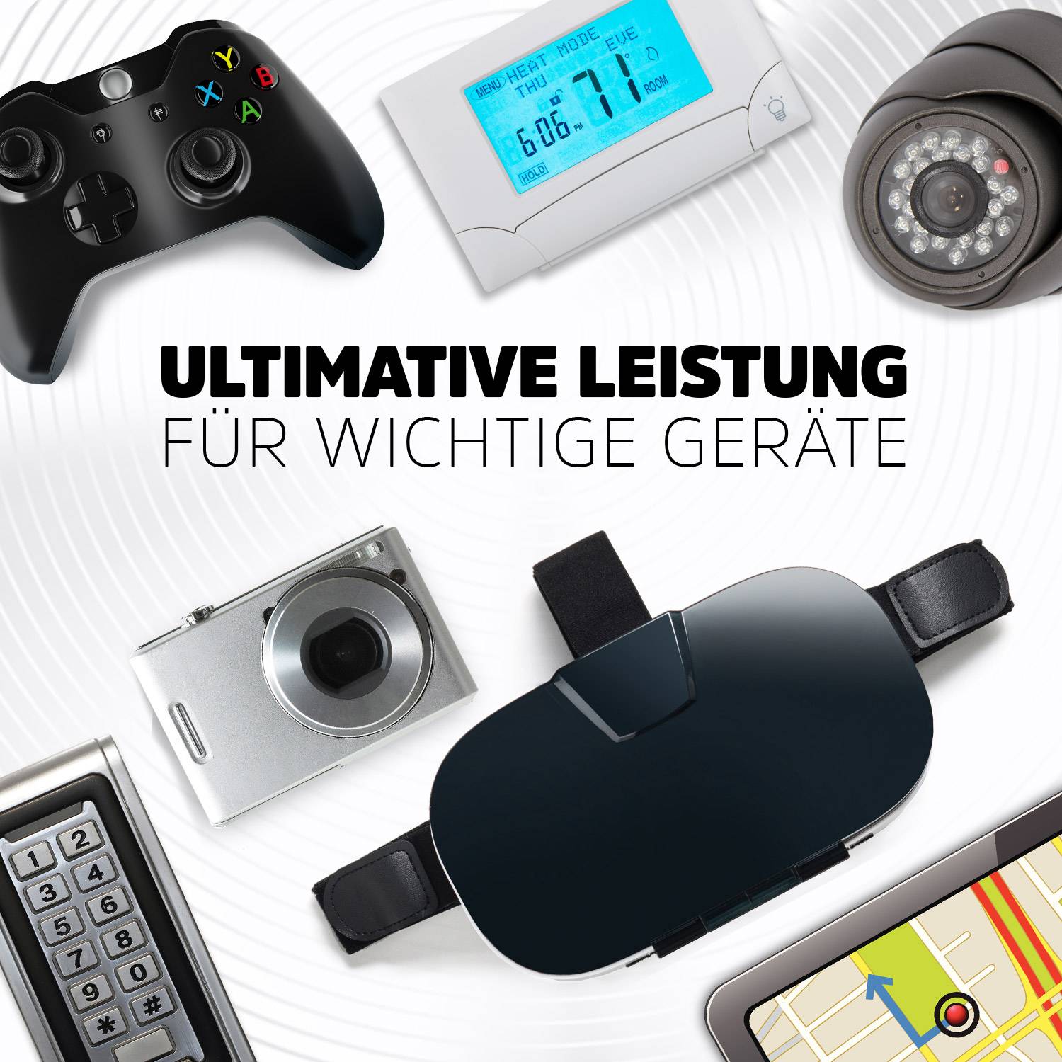 The illustration shows various devices such as a controller, camera, thermostat, torch, and GPS, accompanied by the text 'Ultimate Performance for Essential Devices'.