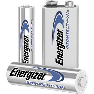 Three Energizer Ultimate Lithium batteries in different sizes. In the foreground, a horizontally positioned AA battery, with a standing AA battery and a 9-volt battery behind it.