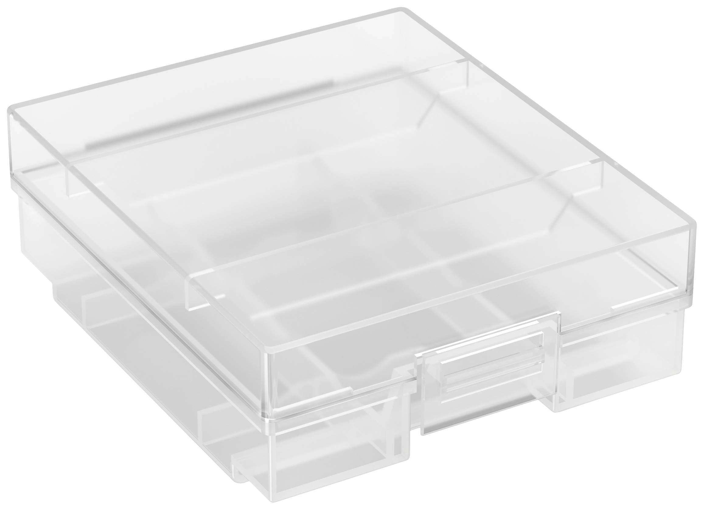Transparent, rectangular plastic storage box with compartments for storing small items or craft materials.