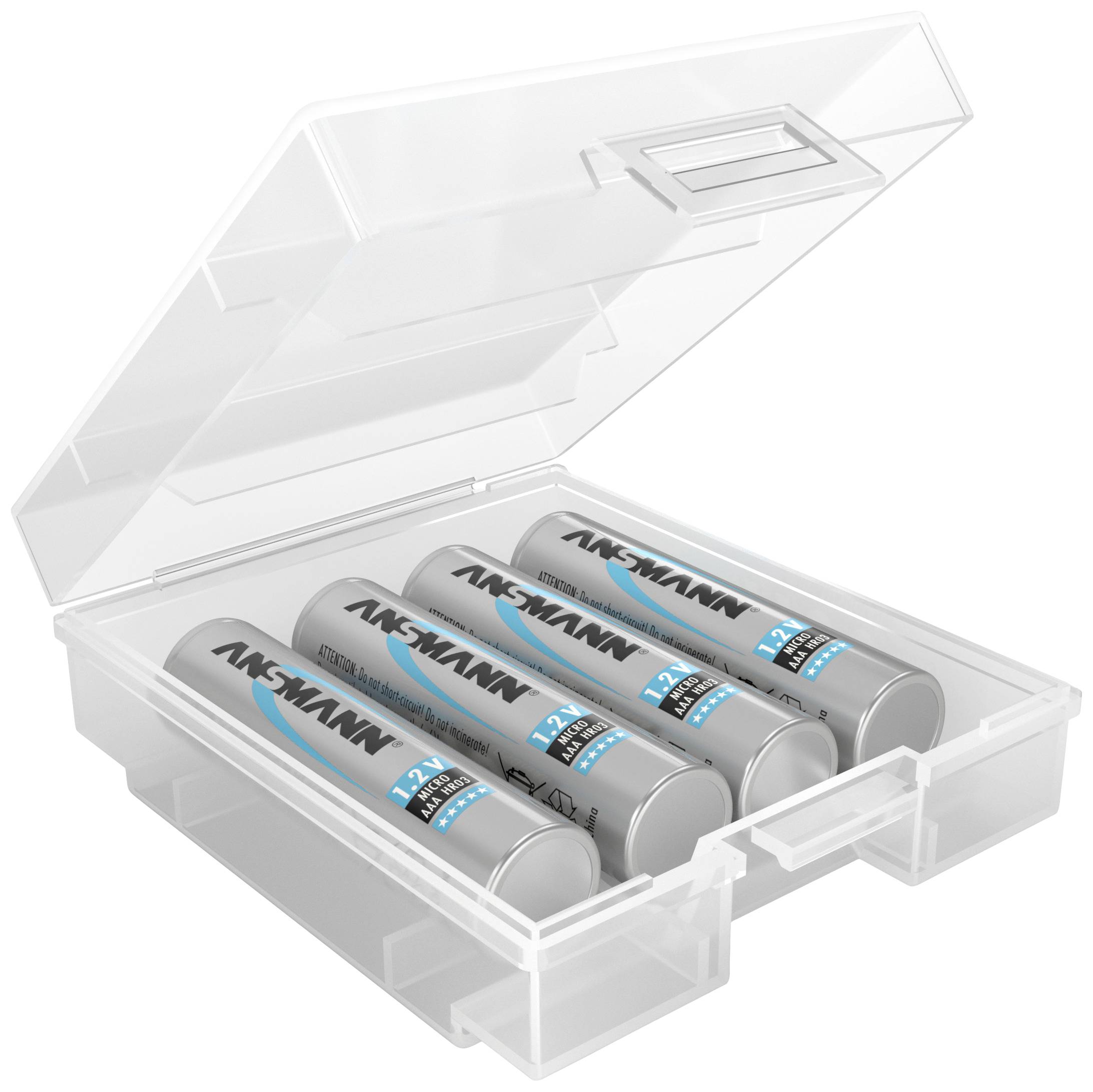 Six silver AA batteries with blue writing are lying in a transparent plastic box.