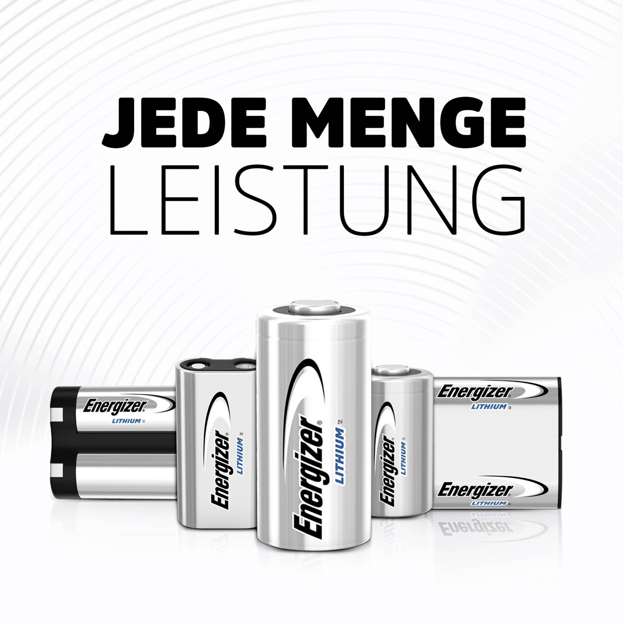 Five Energizer batteries of various sizes are lined up. Text above: 'Loads of Power'. Background with wave pattern.