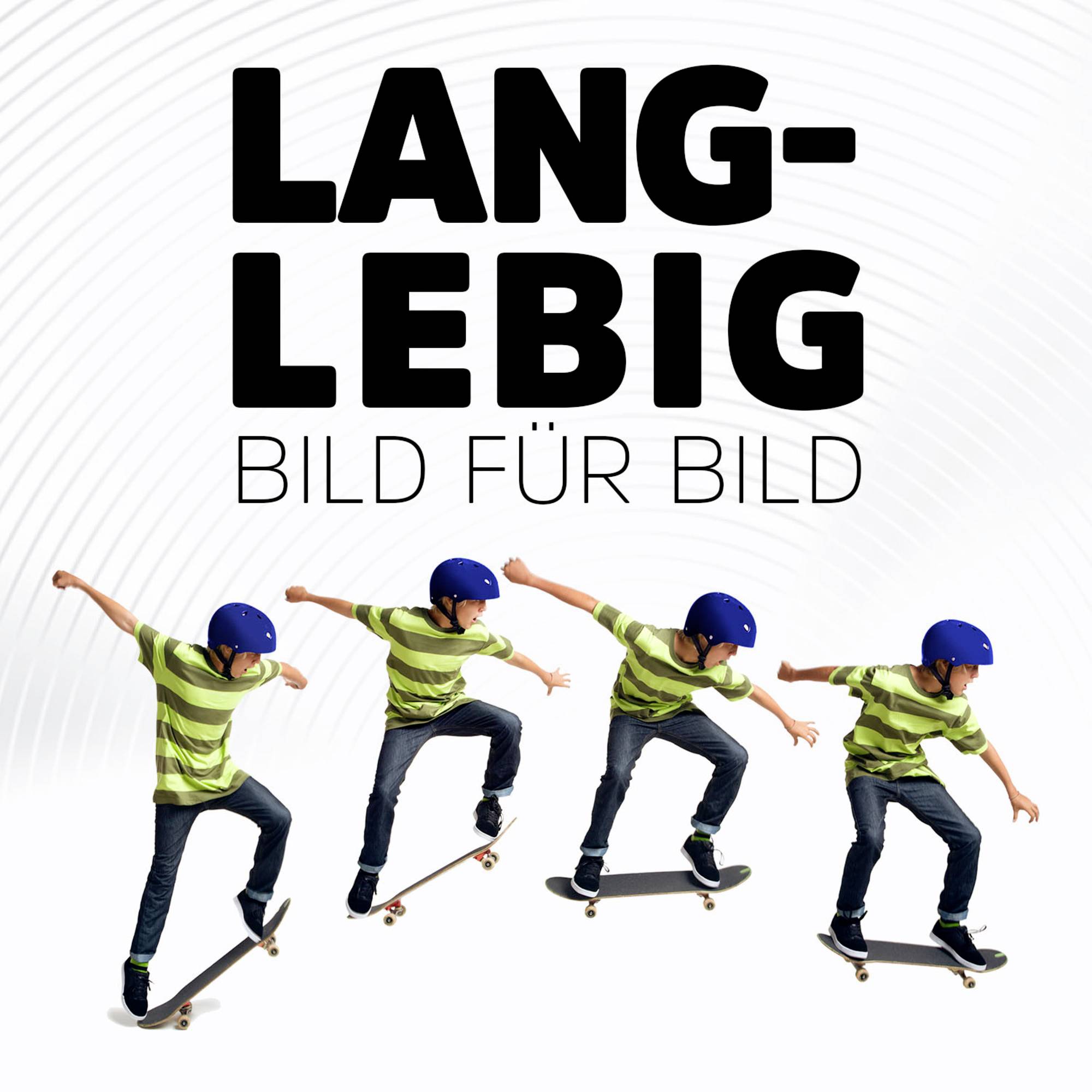 Four images of a boy performing a skateboard trick, with the text 'Long-lived frame by frame' in the background.