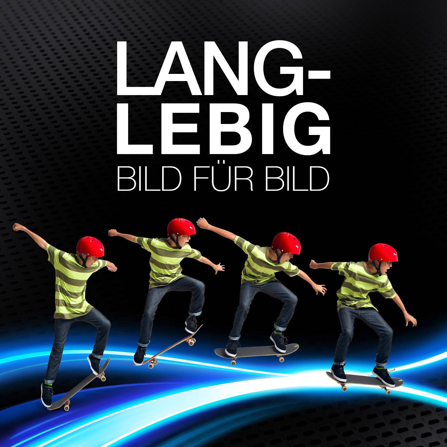 Teenage skater wearing a red helmet performs a trick on a skateboard. Text: 'Long-lasting - Frame by frame' shows the temporal sequence of movement.