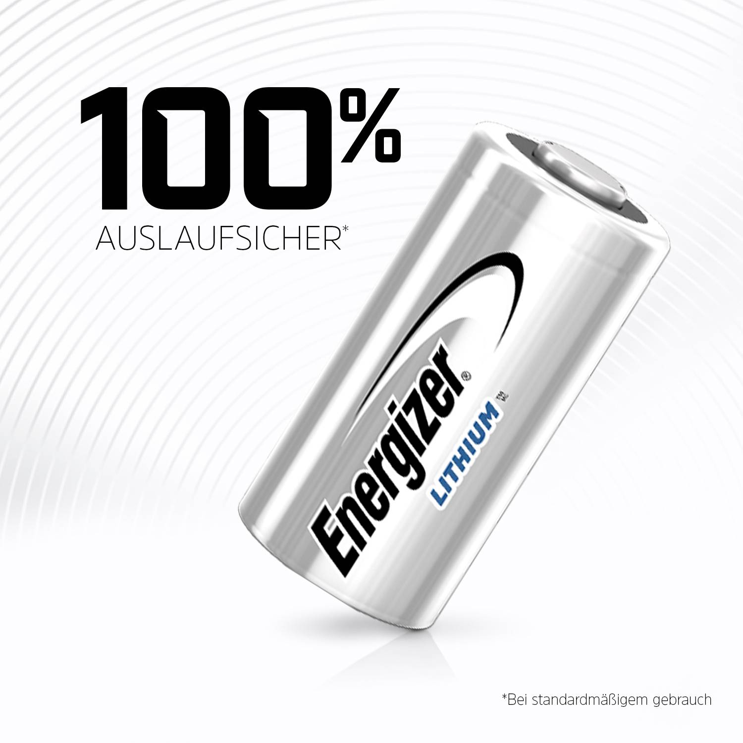 A silver Lithium battery with the inscription 'Energizer'. Text beside it: '100% leak-proof*'.