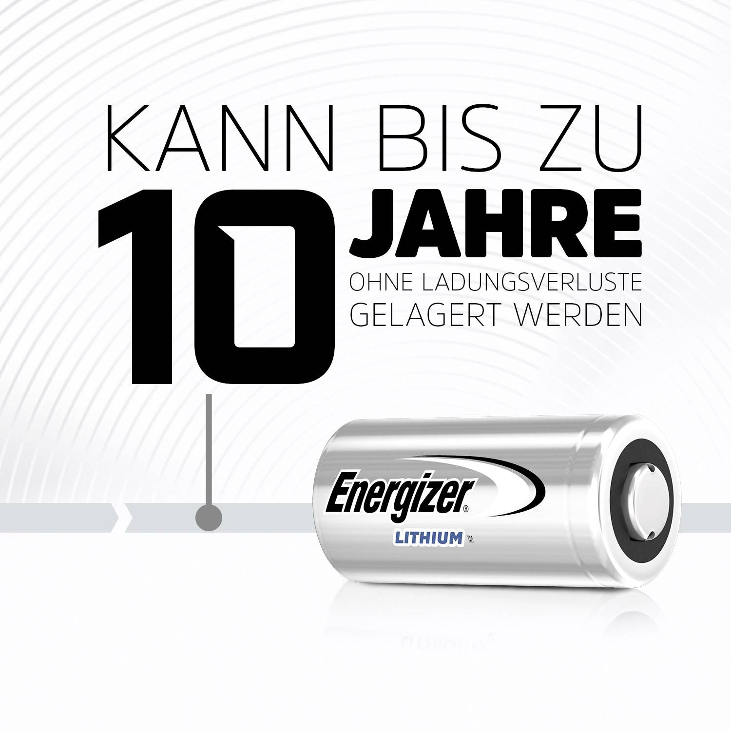 Advertising for an Energizer Lithium Battery. Text: Can be stored for up to 10 years without loss of charge.