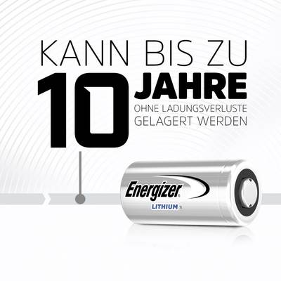 Advertising for an Energizer Lithium Battery. Text: Can be stored for up to 10 years without loss of charge.