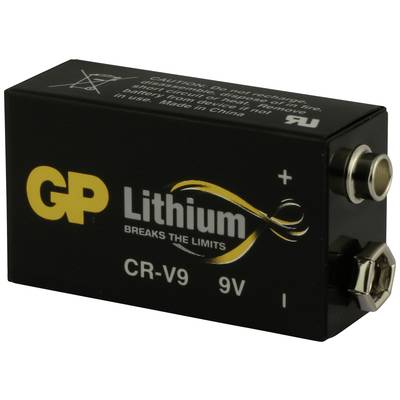 Black 9V lithium battery with inscription 'GP Lithium CR-V9' and warning labels.