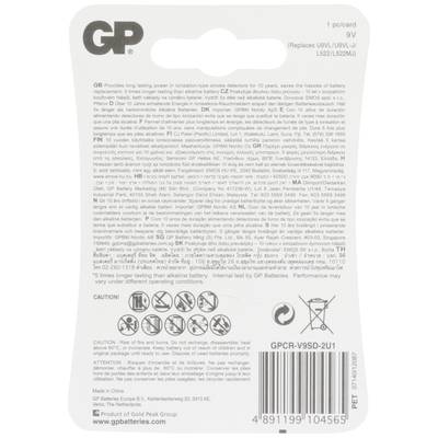 Reverse side of a GP battery packaging with instructions in multiple languages, technical details, and warning notices. Model: GPCR-V9SD-2U1.
