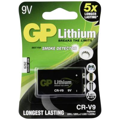 Packaging for a 9V GP Lithium Battery, recommended for smoke detectors. Highlighted: '5x longer lasting', expiry date 2029.