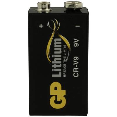A black 9V lithium battery block by the brand GP with markings '+', 'Lithium', 'CR-V9', and 'Breaks the Limits'.