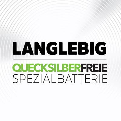 'Long-lasting, mercury-free specialist battery' in black and green text on a white background with circular lines.