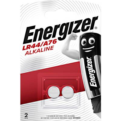 'Energizer LR44/A76 Alkaline Batteries in a Pack of Two, illustration shows the batteries and the Energizer mascot.'
