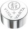 Metallic button cell battery with the inscription 'V13GA + VARTA' and a symbol of an adult and a child.