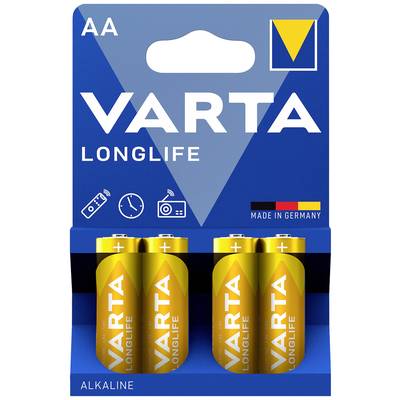 Packaging containing four Varta Longlife AA alkaline batteries, emphasising longevity with pictograms for clock, camera, torch, 'Made in Germany'.