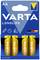 Packaging containing four Varta Longlife AA alkaline batteries, emphasising longevity with pictograms for clock, camera, torch, 'Made in Germany'.