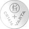 Silver button cell with the inscription 'CR1616 VARTA'. Above a symbol: An adult passes a rectangular shape to a child.