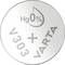 Round silver Varta battery with the inscription 'Hg 0%', 'V303' and a plus sign, which indicates mercury-free contents.
