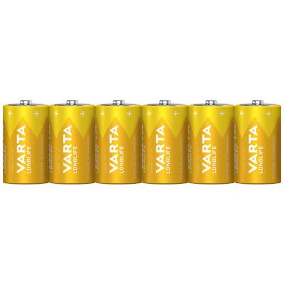 Six yellow batteries with the label 'Varta Longlife', lined up in a row.