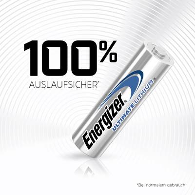 Energizer battery with 'Ultimate Lithium' printed on it, alongside the text '100% leak-proof* under normal use'. Background with circular patterns.