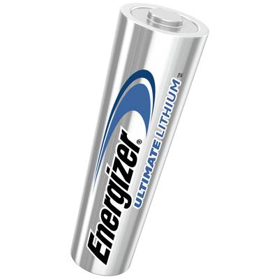 Energizer brand battery, 'Ultimate Lithium' model. Cylindrical shape, silver design with blue and black logo.