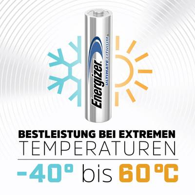 Energizer battery surrounded by heat and cold symbols. Text: 'Peak performance at extreme temperatures -40°C to 60°C'.