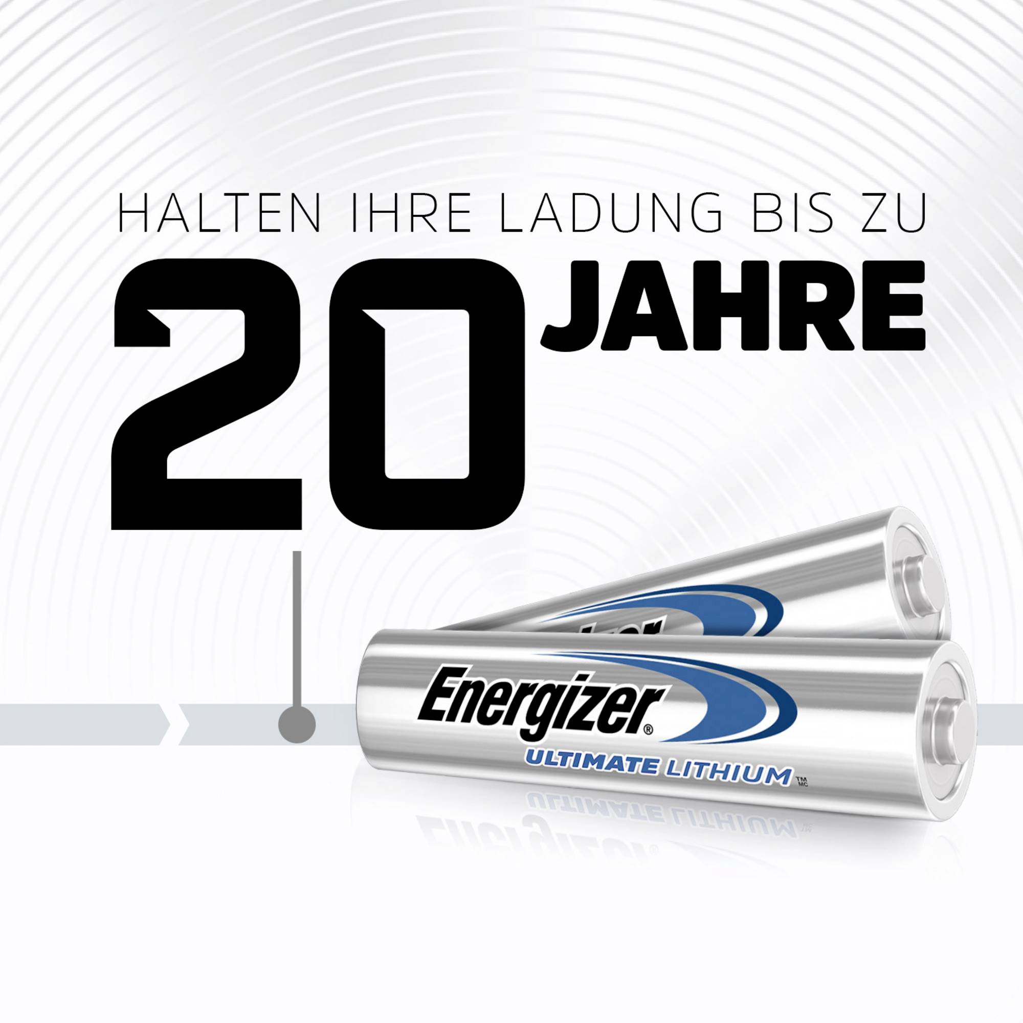 The image shows two Energizer Lithium batteries. The text reads: 'Keeps your charge up to 20 years'.