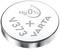 Round silver battery with inscription 'Hg 0%', 'V373', and 'VARTA'. Indicator for mercury-free button cell battery.