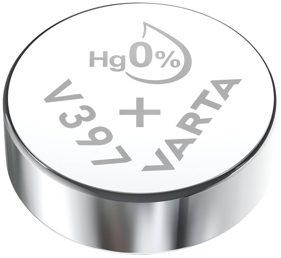Round button cell battery with print 'Hg 0%', 'V397' and 'VARTA'. Silver colour, indicates mercury-free status.