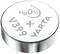 Round button cell battery, inscription 'Hg 0%', 'V399', 'VARTA', mercury-free, glossy surface.