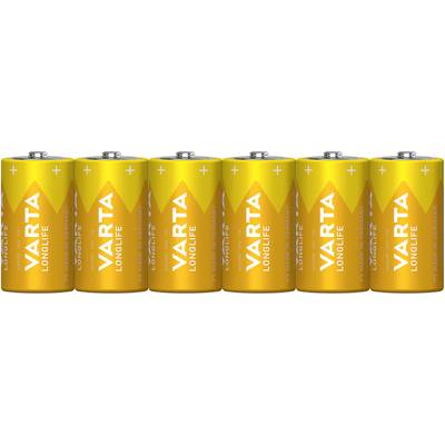 Six yellow VARTA batteries lined up side by side. The inscription 'VARTA LONGLIFE' is clearly visible. Batteries are standing vertically.