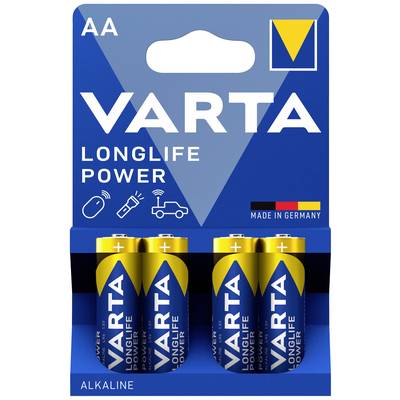 Four AA-alkaline batteries by the brand VARTA in one package. Labelled 'LONGLIFE POWER', manufactured in Germany.