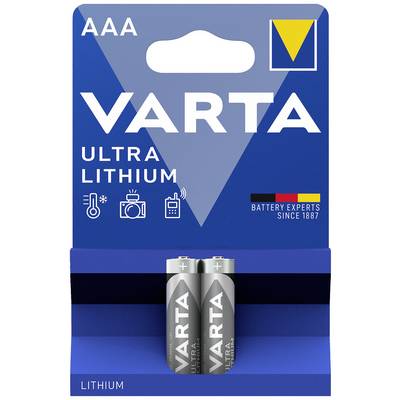 Two AAA batteries by Varta in a blue package with the text 'Ultra Lithium'. Ideal for cameras and smart home devices.