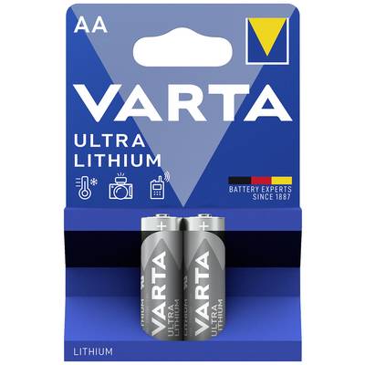 Two AA Varta Ultra Lithium batteries in a blue package, suitable for cameras, torches and electronic devices.