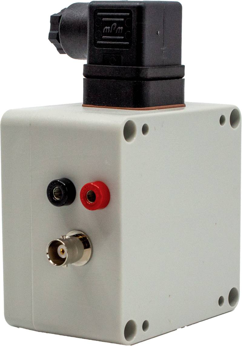 A rectangular, white electronic device with multiple ports and a black, angled plug on top.