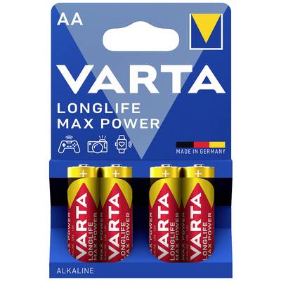 Four VARTA AA 'Longlife Max Power' batteries in one pack. Suitable for cameras, controllers, watches. Manufactured in Germany.