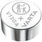 Silver V13GA battery by Varta; shows pictogram of an adult handing a battery to a child; safety warning.
